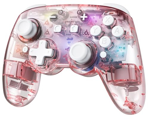 PALPOW Switch 2 Controller mit Switch 1/2/OLED/Lite, Hall-Effekt-Joysticks Pro Controller mit 7 RGB LED/Makro Paddles/Bluetooth/Bewegungsaufnehmer/6-Achsen-Gyro/Turbo, Transparent Rosa