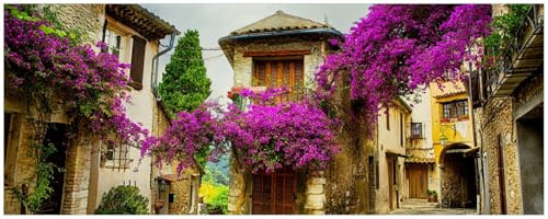 Wallario Küchenrückwand selbstklebend 115 x 50 cm, Motiv: Malerische Stadt in der Provence mit bunten Blumen | Spritzschutz abwischbar & pflegeleicht