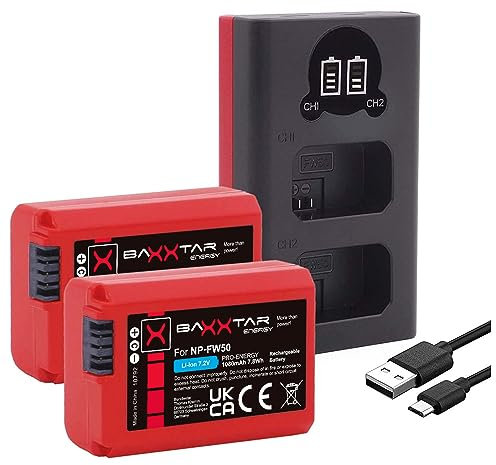 Baxxtar Pro NP-FW50 Akku (2X echte 1080mAh) mit Mini USB LCD DUAL Ladegerät (USB-C und MicroUSB) für Sony ZV-E10 A6000 A6100 A6300 A6400 A6500 A7 A7II A7R A7RII A7S A7SII A5100 A5000 RX10 NEX usw.