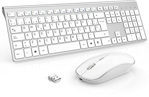 JOYACCESS Teclado y Ratón Inalámbrico y Recargable - Teclado Ultrafino, Compacto y Portátil - Raton Compacto, Ergonómico y Silencioso para PC/Laptop(Español QWERTY)-Plata Blanco