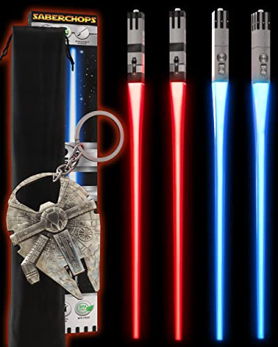 SaberChops Lightsaber Chopsticks Star Wars Gifts LED Light Up Reusable Light Saber Removable Handle Dishwasher Safe Red & Blue 2 PAIRS & FREE Millennium Falcon Keychain Bottle Opener,Red & Blue