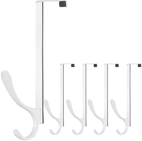 SKOLOO Over The Door Hooks - for Doors up to 4.5cm Thick, Pack of 5, Stainless Steel Door Hanger Hooks, Over The Door Hanger for Coats Clothes Hat Towel Jacket, White