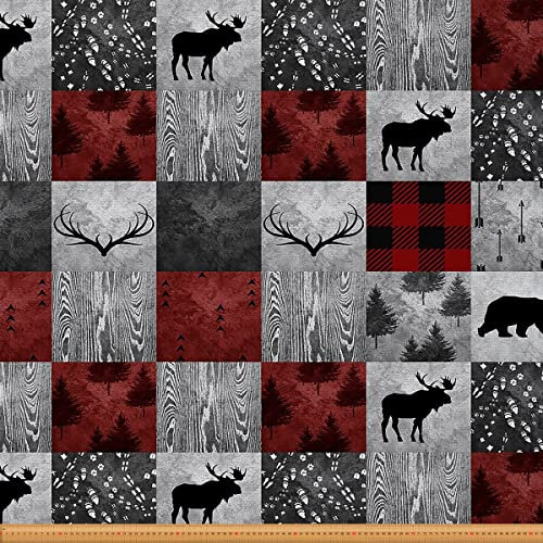 Büffel Plaid Karo Polsterstoff Hirsch Stoff Meterware Bär Elch Geweih Wildtier Dekorationsstoff Kabine Holz Pfeil Fußabdruck Stoff Weihnachtsstreifen Patchwork Kunst 92 x 150 (HxB), Rotgrau