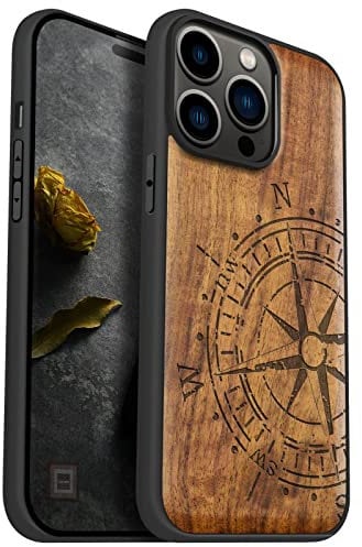Carveit Magnetic Wood Case for iPhone 14 Pro Max [Hard Real Wood & Soft TPU] Shockproof Hybrid Protective Cover Unique & Classy Wooden Case Compatible with MagSafe (Vintage Compass-Walnut)