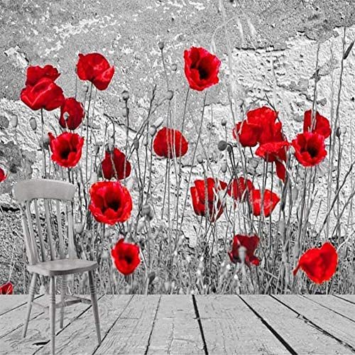 Papier Peint Mural, 3D Mur De Briques Minable Rétro Noir Et Blanc Avec Des Coquelicots Papier Peint Auto-Adhésif Peel And Stick Pour Salon Chambre Tv Fond Bureau Restaurant Motif Chambre 350 x 256 cm
