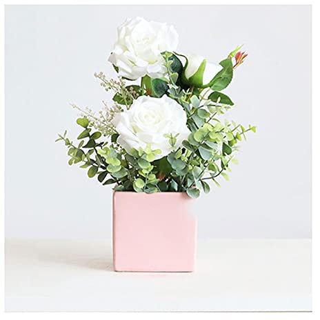 Vase Rose Simulation Fleur Faux Fleur Simple Intérieur Décoration De La Maison Table À Manger Table Basse Décoration Fleurs en Pot Salon Petit Vase (Bouteille De Poudre Blanche)