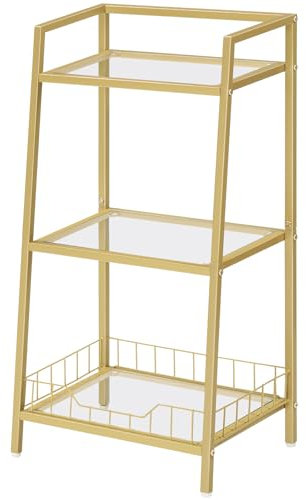 HOOBRO Scaffale da Bagno a Scala, Scaffale Portaoggetti a 3 Livelli con Ripiani in Vetro, Scaffale in Metallo per Soggiorno, Camera da Letto, Bagno e Studio, Stile Moderno, Dorato EGD77CJ01