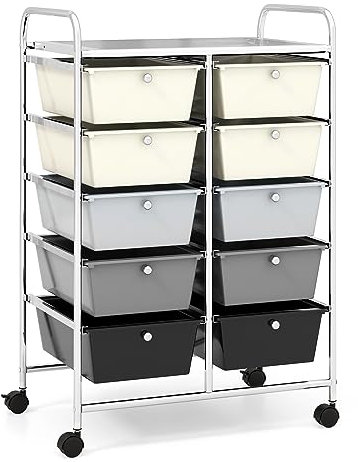 COSTWAY Rollwagen mit 10 stapelbaren Schubladen, Schubladenwagen Rollcontainer mit Metallgestell und Ablagefläche, Badrollwagen Aufbewahrungswagen für Büro, Wohnzimmer, 65,5 x 37 x 87 cm