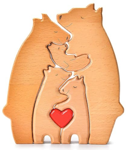 Familienpuzzle Bären Holzpuzzle, Bärenfamilie Kunstpuzzle aus Holz, Familienname Bär Herzpuzzle, Holzbärenskulpturen, Heimdekoration Geschenk für Familie (C)