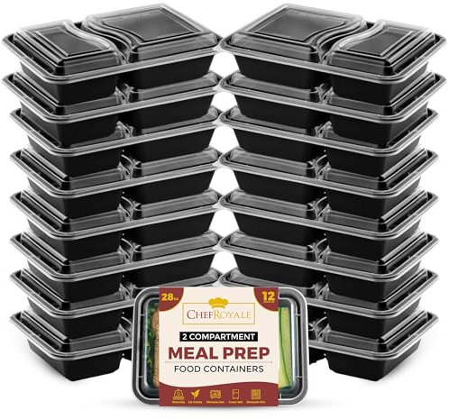 CHEF ROYALE Pack of 12, 2 Compartments Meal Prep Containers- 28oz BPA Free Reusable Storage Containers with Airtight Lids - Microwave, Freezer, and Dishwasher Safe - Stackable Lunch Boxes (12 Pack)