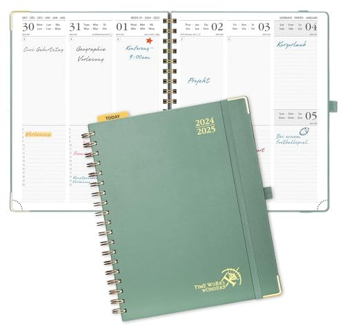 POPRUN Kalender 2025 Buchkalender (Aug.2024-Dez.2025) Ringbuch mit Hardcover, ca. A4 (25,5 x 20,5 cm), 17-Monate-Terminplaner, Wochenplaner 2025 mit Plastiklineal - Mitternachtsgrün