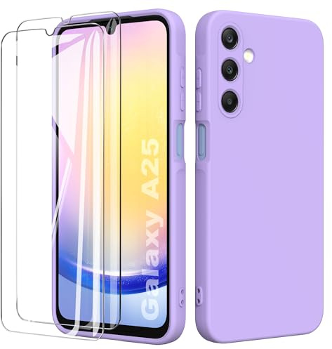 binandteam Coque pour Samsung Galaxy A25 5G (6.5) avec 2 Verre Trempé Protection écran,Housse Liquide Souple en Silicone TPU Antichoc Bumper Étuis Anti Rayures Case Cover - Violet