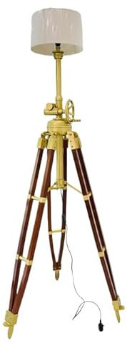 HOMYZ Nautical Tripod Floor Lamp Antique Brass Wooden Stand Led Work Light Spotlight Stand Indoor/Outdoor Home Decor with Shade