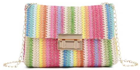 Ynport Crefreak Damen Gestreifte Stroh Clutch Tasche Umhängetasche Handtasche Geldbörse Kleine Dame Sommer Stroh Umhängetasche Urlaub Reise Rattan Geldbörse Tasche, Rosa