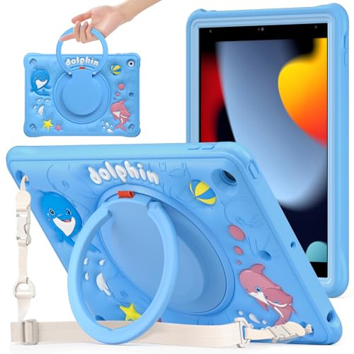 Gerutek Custodia Antiurto per iPad 9/8/7 Generazione 10.2'', Blu | custodia robusta Bambini supporto 360° cinghia a mano tracolla e portapenne cover protettiva anticaduta iPad 10.2 iPad 9 gen