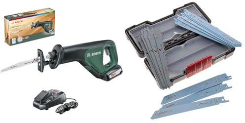 Bosch Akku Säbelsäge AdvancedRecip 18 (ohne Akku, 18 Volt System, im Karton) + Professional 15tlg. Säbelsägeblatt Wood and Metal Set (für Holz und Metall, Toughbox, Zubehör Säbelsäge)