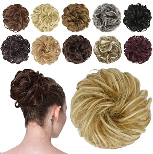 FESHFEN Haarteil Mit Gummiband, Dutt Haarteil Haargummi Mit Haaren Gelockt Haardutt Synthetisch Haar Haarverlängerung Pferdeschwanz Haarteile für Damen Mädchen, Leichtestes Aschbraun & Bleichblond 42g