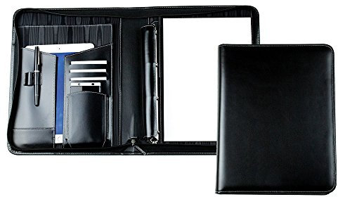 DELMON VARONE - Personalisierbare Tablet & Smartphone Schreibmappe DIN A4 XXL Cambridge Top Grain Leder schwarz, Orgamappe inkl. Ringbuch, Notizblock, Stiftschlaufe, Steckfächer & Reißverschluss