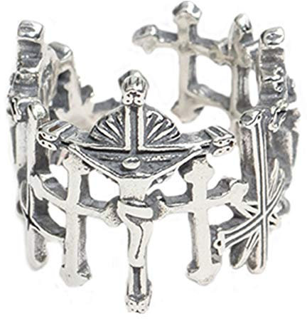 Helen de Lete 925 Sterling Silber Jesus Weinlese Kreuz Einstellbarer Ring