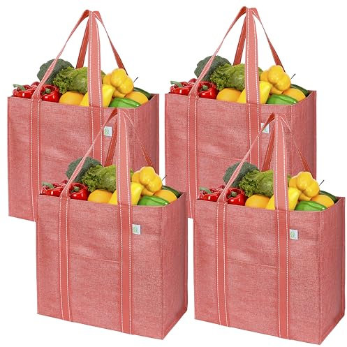 VENO 34 Liter groß Einkaufstasche Faltbare mit festem Boden und Fronttasche, wiederverwendbare Einkaufstaschen Wasserabweisend Tote Bag Einkaufskorb für Einkaufen Picknick (Rot, 4er Pack)