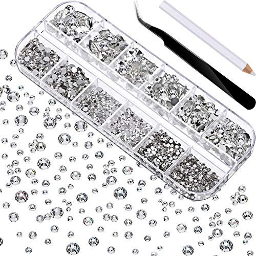 Strasssteine für Les, 2000 Stück flache Rückseite Strasssteine Strasssteine in 6 Größen (1,5-6 mm) zum Basteln mit Pinzette und Stift, Nagelstudio