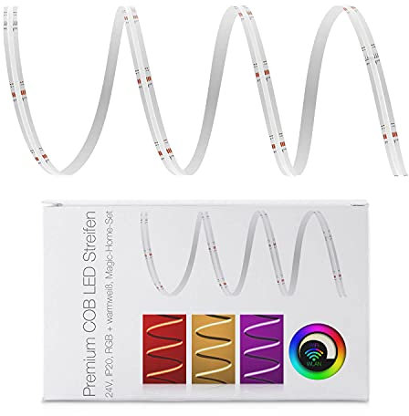LED Universum COB LED Streifen WLAN Set RGB-W mit Magic Home Controller & Netzteil Band Strip Premium Filament 24V LED Streifen IP20 RGB-WW bunt (7 Meter)