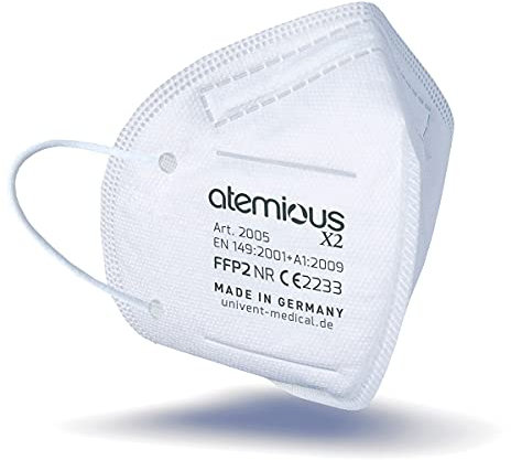 atemious X2 100 x Komfort Vlies FFP2 Atemschutzmaske Made in Germany mit Zertifikat CE2233 lose verpackt im Beutel verpackt.