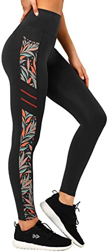 Yvette Printed Damen Sport Leggings mit Taschen, high Waist Blickdicht Gym Sporthose, Orange Printed, L