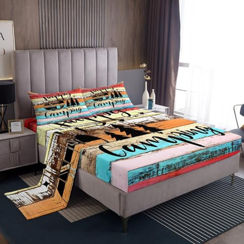 Camper-Bettwäsche für Reiseanhänger, rot-blau, Vintage-Scheunentür-Bettlaken für Queensize, Happy Camping-Bettlaken 4 Stück für Damen und Herren, Camping-Liebhaber, 1 Spannbetttuch, 2 Kissenbezüge