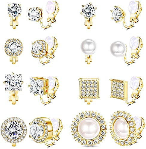Dochais 8 Paar Ohrclips Ohne Ohrlöcher Gold, Ohrclips Modeschmuck, Ohrclips Glitzer, Hypoallergenic Elegant Ohrclips, Zirkonia Perle Clip Ohrringe für Damen Mädchen