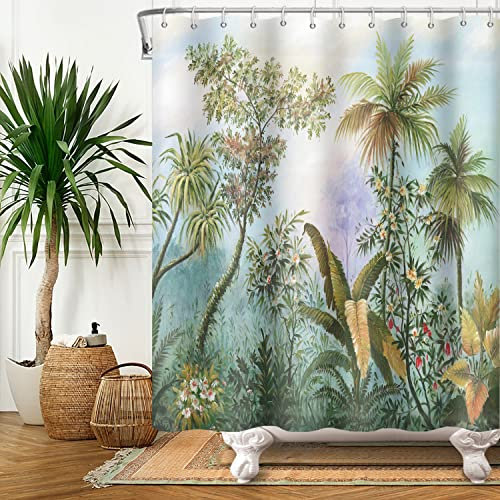 SDOTPMT 152x183cm Palmier Arbre Rideau de Douche Tropical Plante Vert Feuilles d'Arbre Fleur Bain Rural Naturel Paysage Tissu Étanche pour Salle de Bain avec Crochets