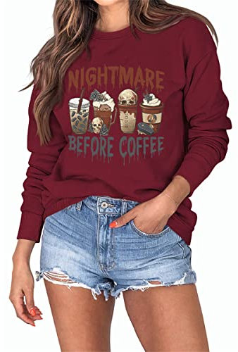 Sweat d'Halloween pour femme avec tasses à café amusantes Motif L'étrange du café de Monsieur Jack, rouge vin, Large