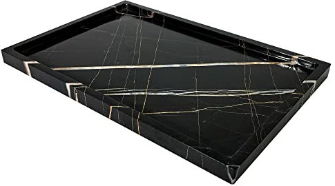 Echtes luxuriöses natürliches Marmor-Schminktablett aus echtem Marmor, Aufbewahrungstablett für Heimdekoration, Steintablett für Badezimmer/Küche/Schminktisch/Kommode, Nicht-Harz (Schwarz Gold)