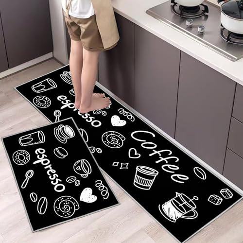 Hoimlm Küchenteppiche 2 Stück, Rutschfestes Küchenmatten,Wasser und Öl aufnehmen Küche Matten Fußmatte Teppich Set,Staubdicht Fußmatte für Drinnen (43x75+43x150cm, Kaffee)