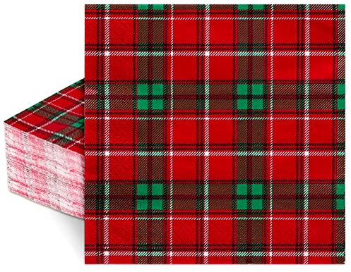 Whaline 100 Stück Weihnachtspapierservietten Rot Grün Büffel Plaid Einweg-Servietten Karomuster Xmas Mittagessen Servietten für Weihnachten Urlaub Abendessen Party Supplies, 16,5 x 16,5 cm