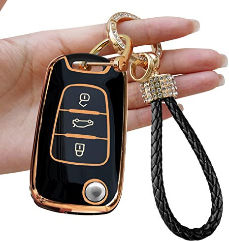 Yumzeco Silicone TPU Autoschlüssel Hülle Cover, 3 Tasten Autoschlüssel Cover Kompatibel mit Hyundai I30 ix35 Verna Elantra Carens Sportage, Auto Keyless Smartkey Schutzhülle mit Schlüsselbund(Schwarz)
