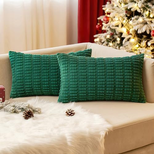 EMEMA Kordsamt Kissenbezüge Dekorative Sofakissen Moderne Kissenhüllen 30x50 cm Dekokissen Weicher Zierkissenbezug für Wohnzimmer Sofa Schlafzimmer 2er Set Dunkelgrün
