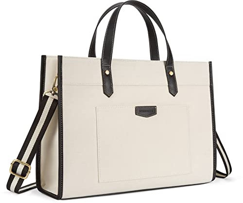 Missnine Sac Cabas Femme pour Ordinateur Portable 15,6 pouces en Toile Grand Sac à Main Élégant pour Cours Travail Université Voyage(Noir + beige)