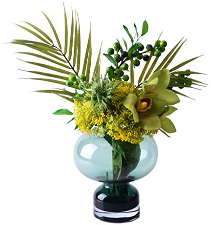 TONZN Vase Modern Geometric Glass Vase Artificial Cypress Hydrangea Monstera Leaf Flower Arrangement Artificial Flower (Color: A) (A) (A)