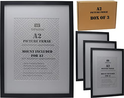 Black A2(42x59.4cm) Poster Frame with A3 Mount Set of 3,Black A3 Photo Frames With Acrylic Sheet A2 Ducoment Frames 3Pack, Black A3 Picture Frames A3 poster frame for wallount