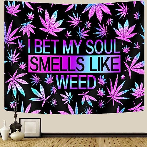Trippy Weed Wandteppich für Männer, neonfarbenes psychedelisches Cannabisblatt und Zitate Wandteppich für Schlafzimmer, ästhetisches Unkraut, Wohnheim, 152.4x101.6 cm