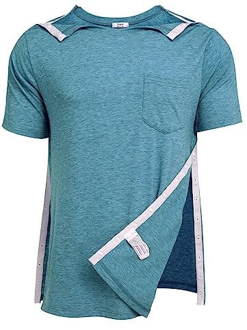 Deyeek Herren-Hemden, nach Schultern, Operationen, zum Abreißen, kurze Ärmel, offene Seite, Schnappverschluss, adaptive Chemo-Kleidung, Dunkelblau., XL