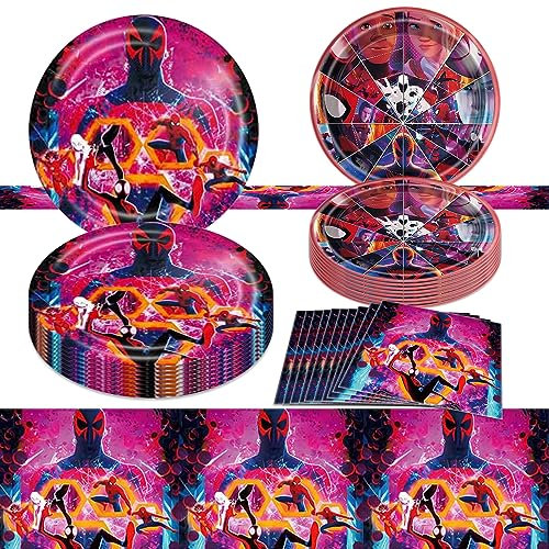 VAMITV Platos Spiderman Cumpleaños, Spiderman Into the Spiderman Vajilla Infantil 41 Piezas Spiderman Vajilla Desechable - 10 Platos de 7, 10 Platos de 9, 20 Servilletas, 1 Manteles