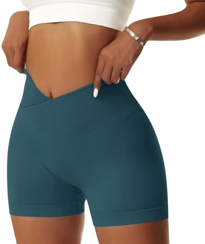 Vertvie Damen Gym Shorts V Cross Stretch Push Up Yoga Shorts Booty Scrunch Fitness Hosen Kurz High Waist Nahtlos Workout Sportshorts Butt Lift Kurze Leggings Sommer (Dunkel Cyan, M)