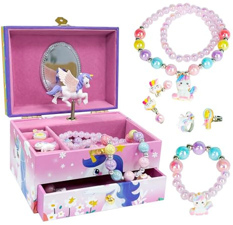 AdelDream Schmuckschachtel für Mädchen mit Musik (5 Schmucksets) 2 Ausziehfächer Schmuck BoxTochter und Lady Freund Geschenk Geburtstagsgeschenk(Zweilagiges Einhorn rosa)