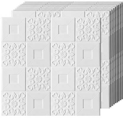 HAILM Décoratifs Panneaux Muraux 3D, Carreaux Muraux Auto-Adhésifs, Mousse XPE Étanche Imitation Brique, Panneaux Acoustiques pour Cuisine Salle Bains, Blanc, Lot de 10 Panneaux