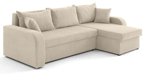 Best Mobilier - Canapé d'angle Convertible avec Coffre Réversible Valos en Velours Côtelé - Canapé Lit - Sofa Beige 4 Places - Angle Droit - ou Gauche - Salon