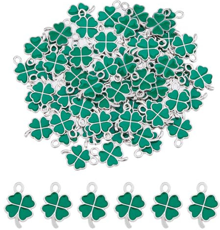 DICOSMETIC 70 Stück Emaille Kleeblatt Charms Legierung Kleeblatt Anhänger Vierblättriges Kleeblatt Charms Grüne Vierblättriges Charme Glücksbringer Anhänger Für Schmuckherstellung, Bohrung: 1.6mm