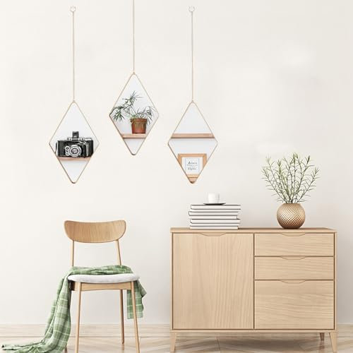 FAANAS Unregelmäßiger Hängender Spiegel, Diamantform Dekospiegel Goldrahmen Moderner Geometriespiegel mit Kette Wanddekoration für Hauseingänge Wohnzimmer