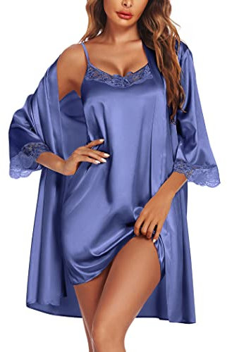Ekouaer Robe de Nuit Sexy Peignoir Mariage Ceinture Nuisette Femme Kimono Bridesmaid Peignoir Satin Légère Dentelle, Bronze Violet, S